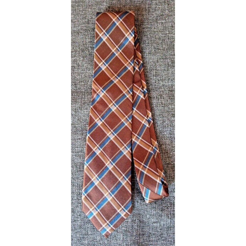 Tie 70s 80s 90s Y2K Mens Chaps Silk Brown Blue Plaid 3.5 Wide 59 Long